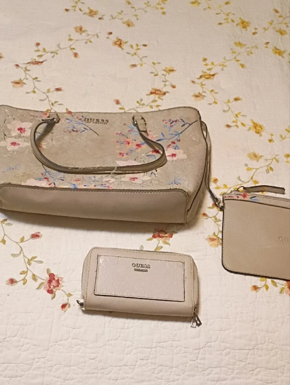 GUESS Floral Beige Tote with Matching Beige Pouch and Wallet Set